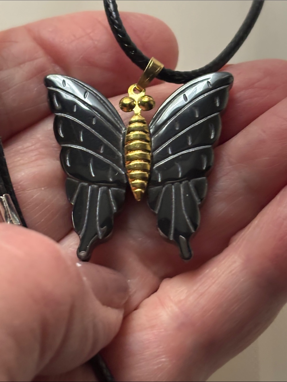 🔴Brand New Hematite Carved Butterfly Pendant, Black & Gold